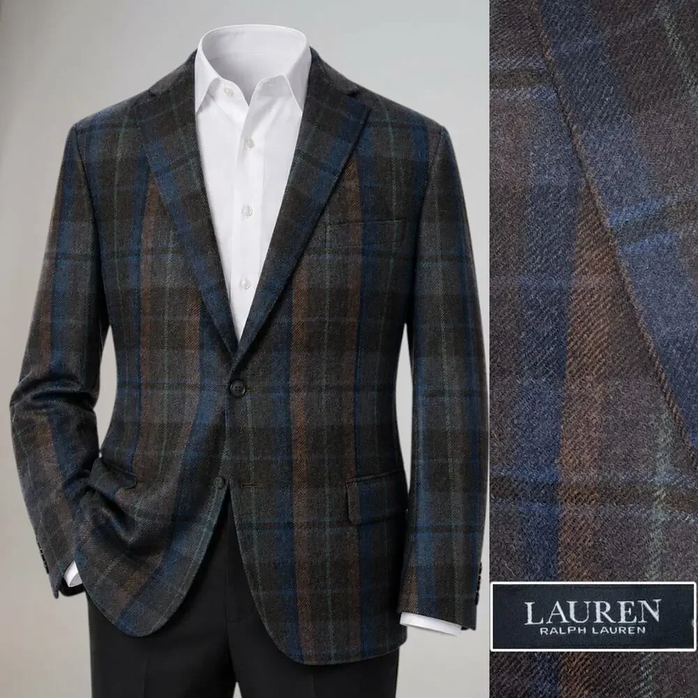 Ralph Lauren LRL Sport Coat 46-48L Blue Rust Brown Gray Plaid Brushed Wool Mint